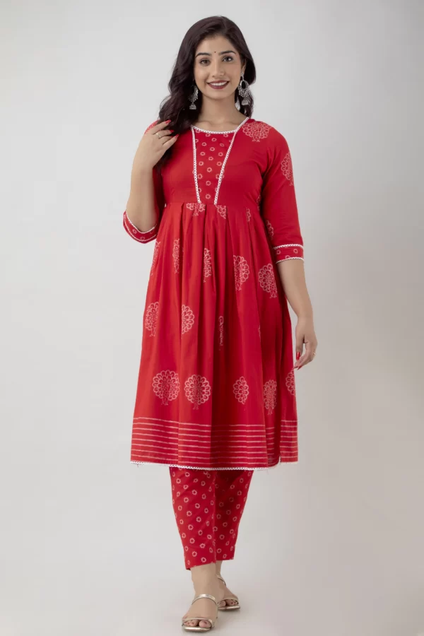  GL Fashion Women Cotton Red Printed Anarkali Kurti with Pant Sets