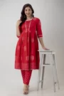  GL Fashion Women Cotton Red Printed Anarkali Kurti with Pant Sets