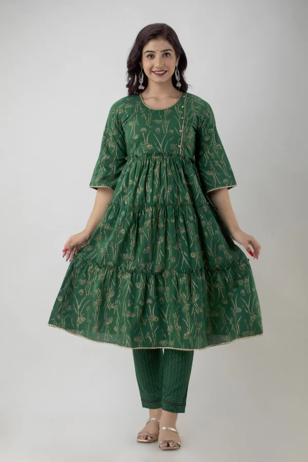 GL Fashion Women Cotton Green Printed Anarkali Kurti with Pant and Kurta Sets