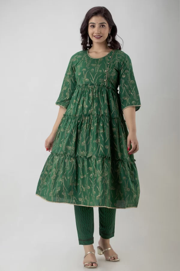 GL Fashion Women Cotton Green Printed Anarkali Kurti with Pant and Kurta Sets