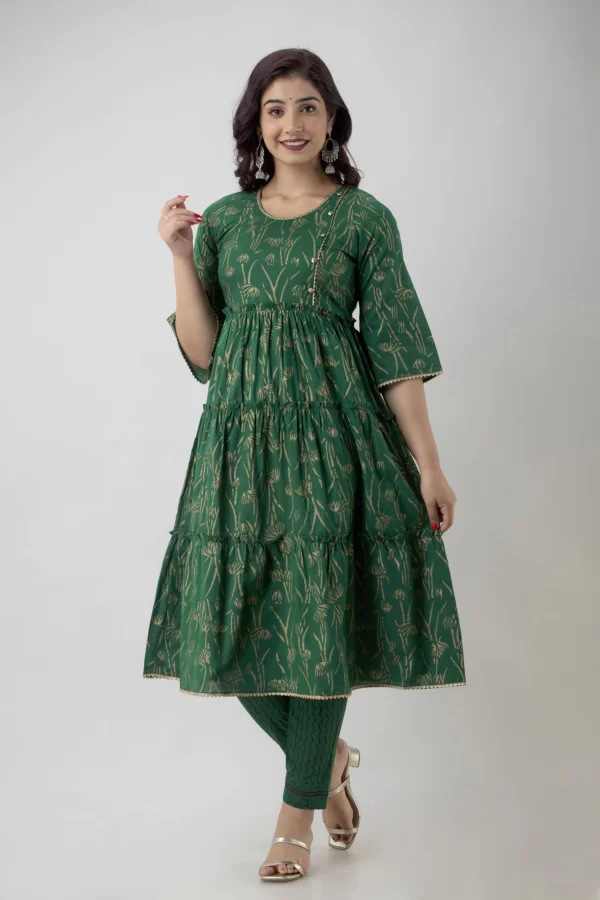 GL Fashion Women Cotton Green Printed Anarkali Kurti with Pant and Kurta Sets