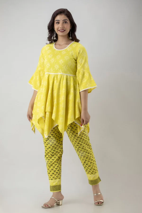 GL Fashion Women Cotton Yellow Printed Anarkali Kurti with Pant Sets