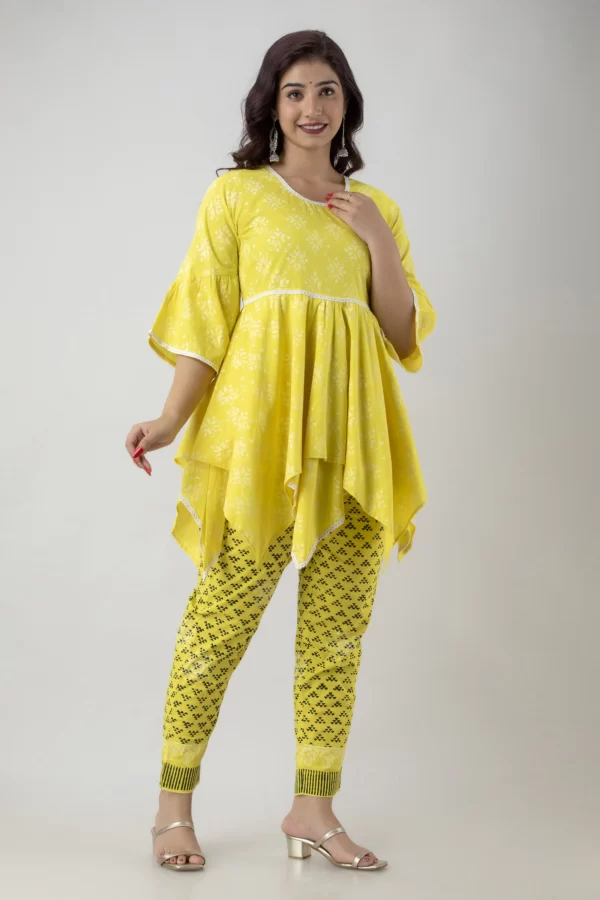 GL Fashion Women Cotton Yellow Printed Anarkali Kurti with Pant Sets