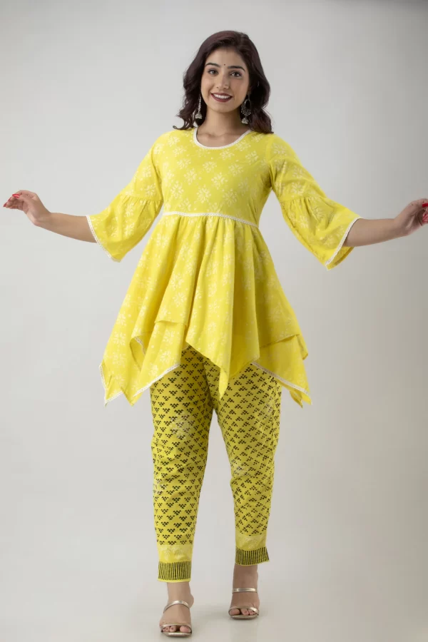 GL Fashion Women Cotton Yellow Printed Anarkali Kurti with Pant Sets