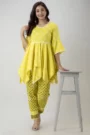 GL Fashion Women Cotton Yellow Printed Anarkali Kurti with Pant Sets