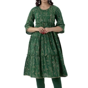 GL Fashion Women Cotton Green Printed Anarkali Kurti with Pant and Kurta Sets