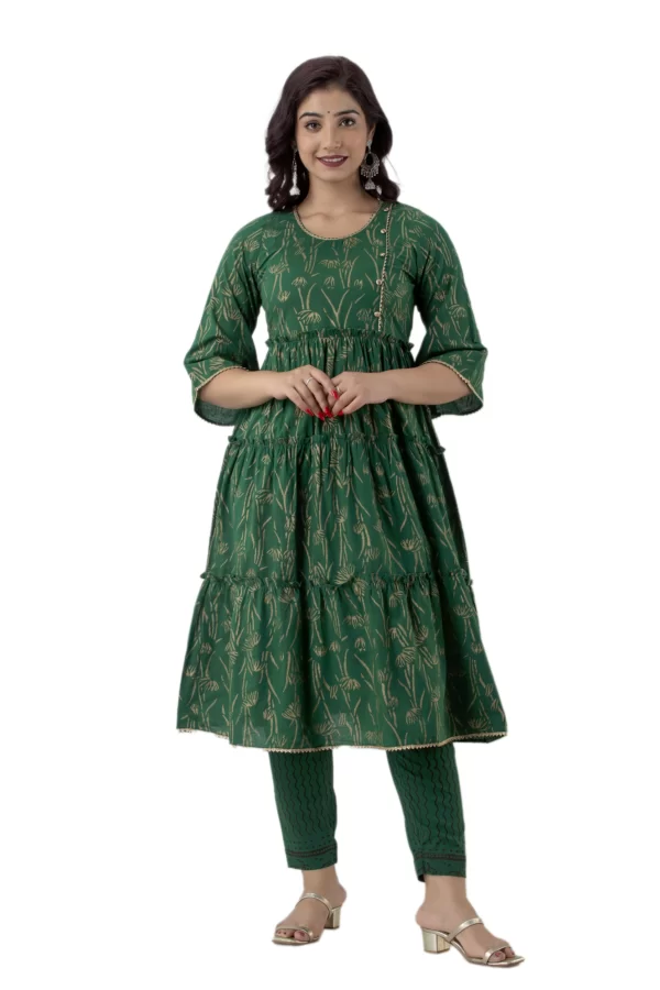 GL Fashion Women Cotton Green Printed Anarkali Kurti with Pant and Kurta Sets