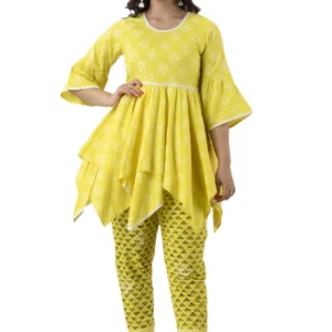 GL Fashion Women Cotton Yellow Printed Anarkali Kurti with Pant Sets