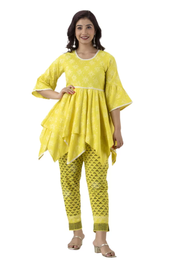 GL Fashion Women Cotton Yellow Printed Anarkali Kurti with Pant Sets