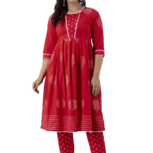  GL Fashion Women Cotton Red Printed Anarkali Kurti with Pant Sets