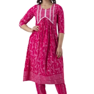 GL Fashion Women Cotton Pink Printed Anarkali Kurti with Pant and Kurta Sets