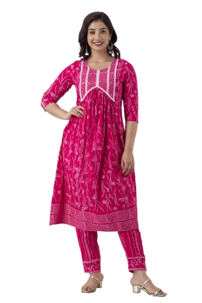 GL Fashion Women Cotton Pink Printed Anarkali Kurti with Pant and Kurta Sets