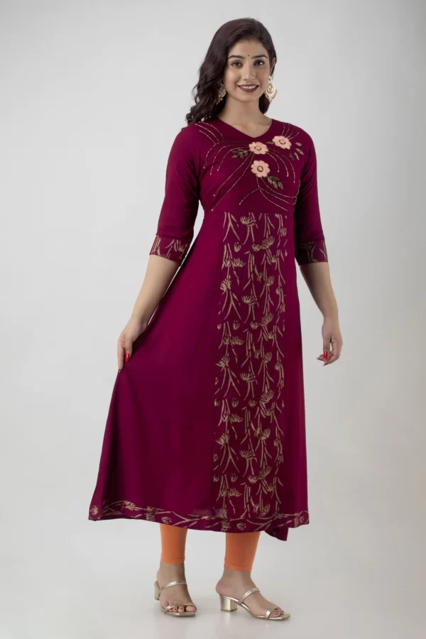 GL Fashion Women Rayon Wine Gold Handwork kurti